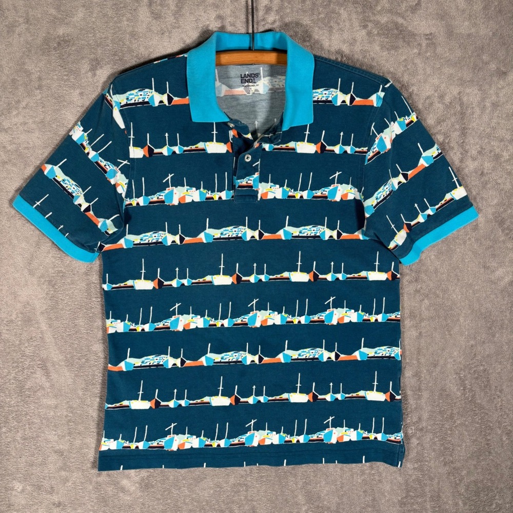 Lands End Traditional Fit Polo Shirt Mens S Sailboat Print Turquoise Blue Retro
